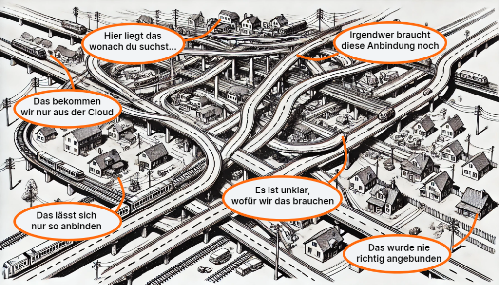 Ein chaotisches Straßen- und Schienennetz über einer Kleinstadt
